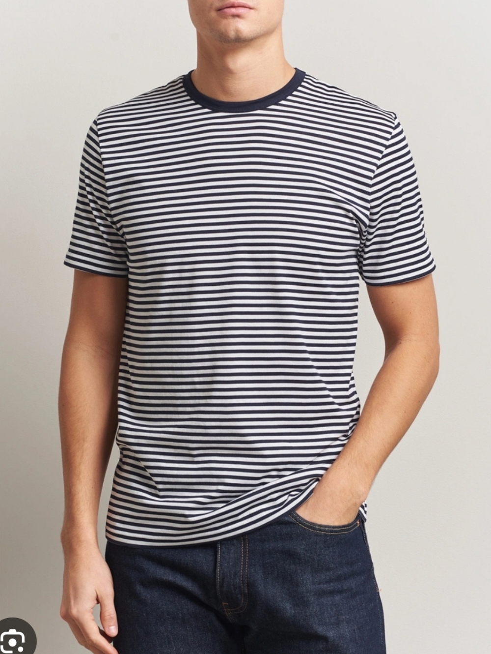 White & Navy Striped Crew Neck Tee